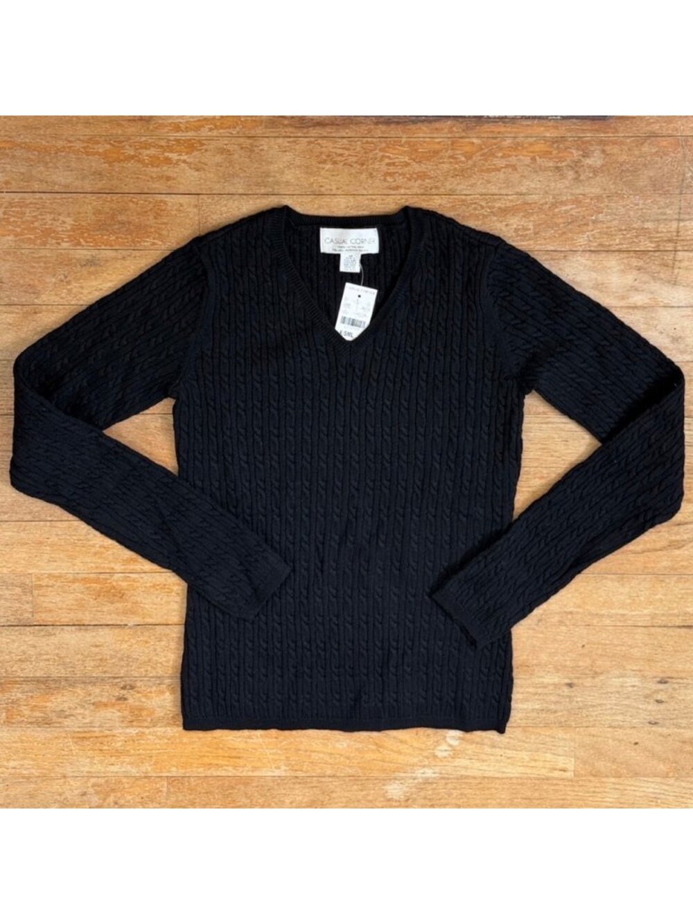 Vintage Extra Fine Italian Merino Wool Sweater Size XS Black Cable Knit V-Neck
